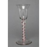 A WINE GLASS, mid 18th century, the bell bowl on an opaque twist stem with a multi-ply spiral