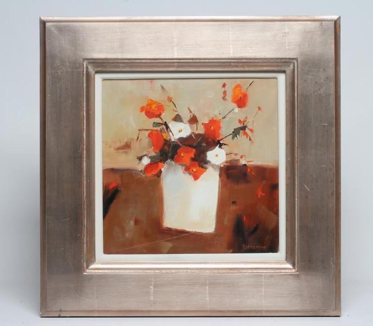 MARY DAVIDSON (Scottish b.1955), "Flowers and White Vase", oil on board, signed, 11 1/2" x 11 1/