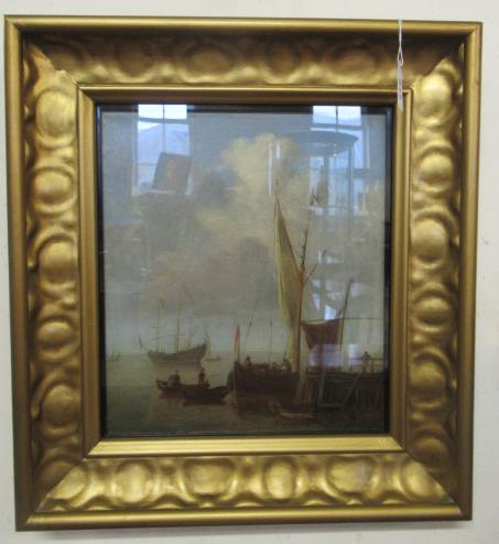 DUTCH SCHOOL (18th/19th Century), Fishing Boat at a Jetty, oil on canvas, indistinctly signed, 14" x - Image 2 of 8