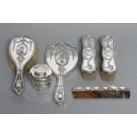 A COMPOSITE EDWARDIAN SIX PIECE DRESSING TABLE SET, maker William Comyns, London 1903/5/7/8,