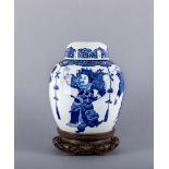 A CHINESE PORCELAIN JAR AND COVER of ovoid form, painted in underglaze blue with four warriors below