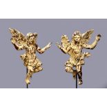 A PAIR OF PAINTED CARVED WOOD ANGELS, late 19th century, modelled in flight with outstretched