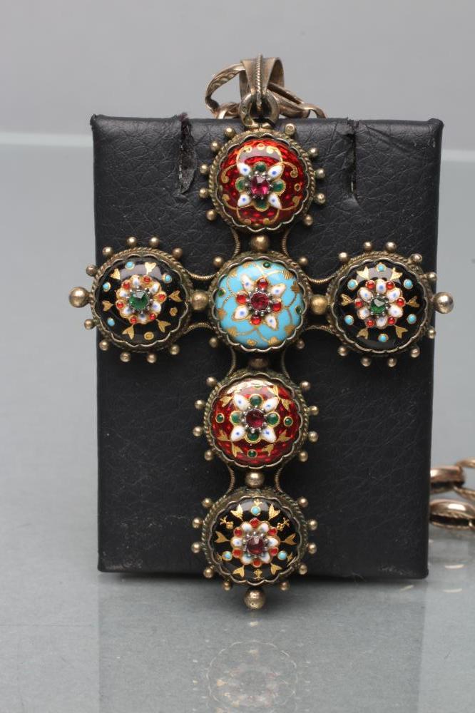 A FRENCH BRESSAN CROSS PENDANT, the six bosses enamelled in opaque colours with "jewelled" beading