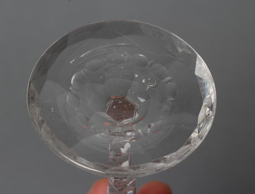 A WINE GLASS, late 18th century, the round funnel bowl with pendant husk and foliate engraved rim, - Image 4 of 4