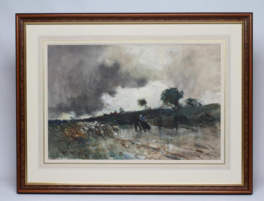 FRANK HENRY MASON R.B.A. (1876-1965), "Impending Storm", watercolour heightened with white, - Image 2 of 5