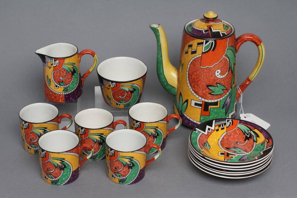 AN ART DECO WINTON POTTERY "JAZZ" COFFEE SERVICE of plain tapering cylindrical form, painted in