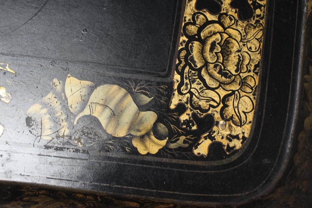 A LARGE PAPIER MACHE TEA TRAY, early 19th century, of rounded oblong form painted and gilded with - Image 3 of 5