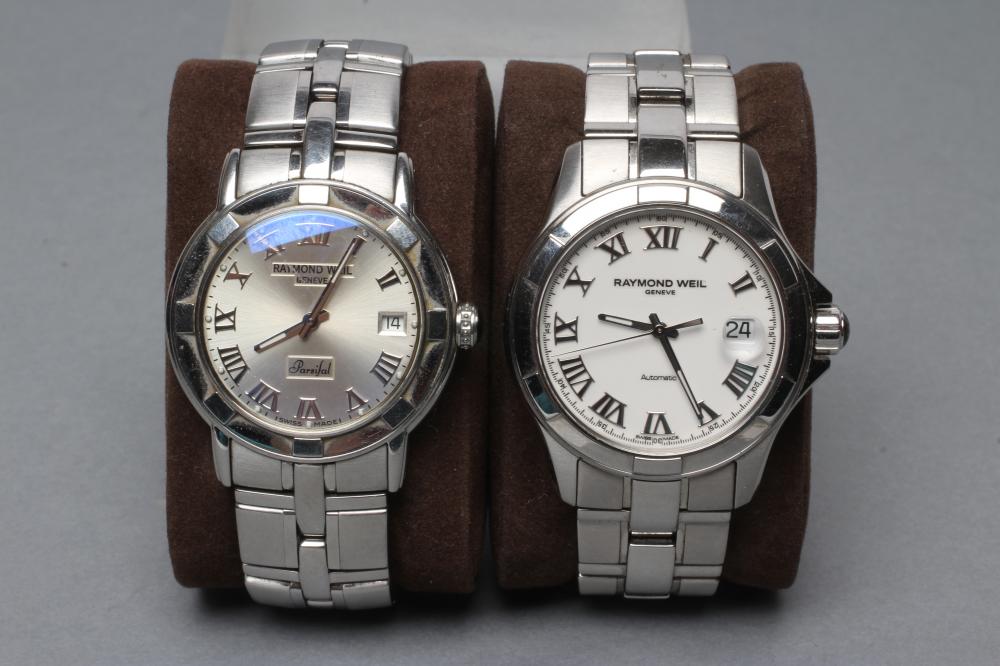 TWO GENTLEMAN'S RAYMOND WEIL WRISTWATCHES, comprising white dial with applied stainless Roman