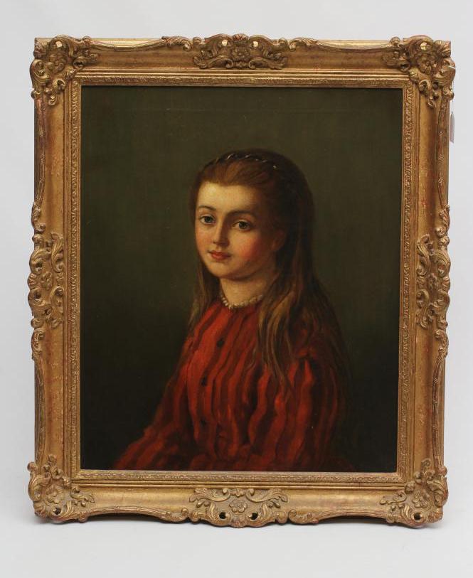 BRITISH SCHOOL (Late 19th century), Portrait of a Seated Girl in a Red Dress, half length, oil on