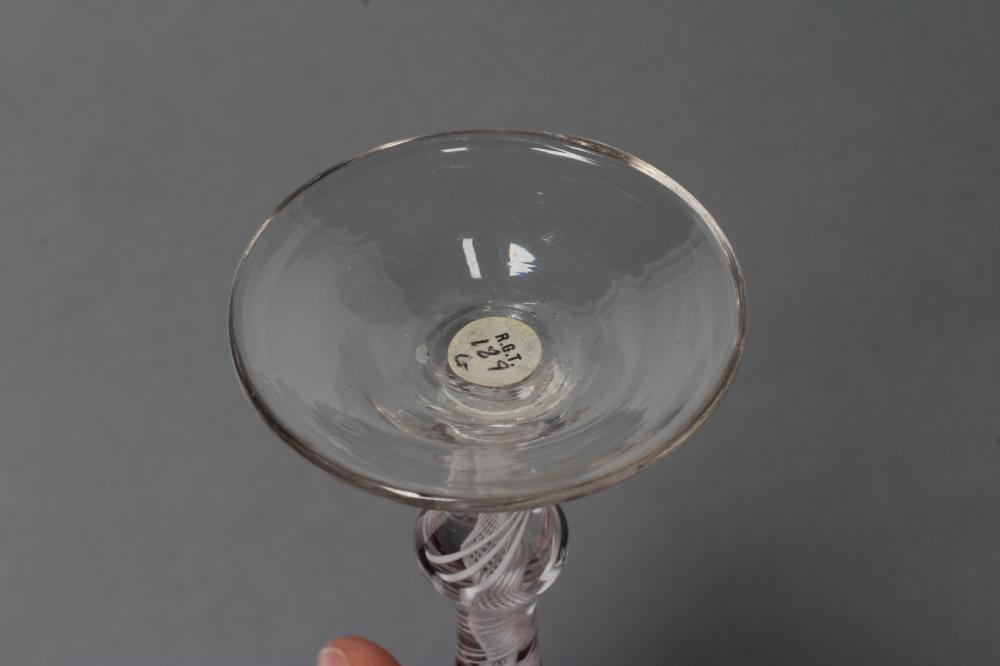 A CORDIAL GLASS, mid 18th century, the vertical mould blown ogee bowl with wheel engraved flowerhead - Image 5 of 5