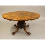 A VICTORIAN BURR WALNUT LOO TABLE, the moulded edged quarter veneered oval tip-up top with waved