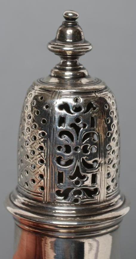 A GEORGE II MUFFINEER, maker Charles Alchorne, London 1730, of vase form with urn finial, 5 1/4" - Image 2 of 3