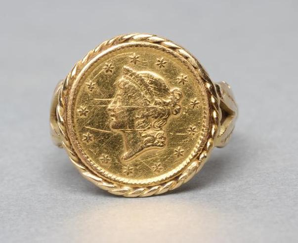 A GOLD $1, 1853, loose mounted as a ring, shank mark rubbed, size J (Est. plus 21% premium inc. - Image 2 of 3