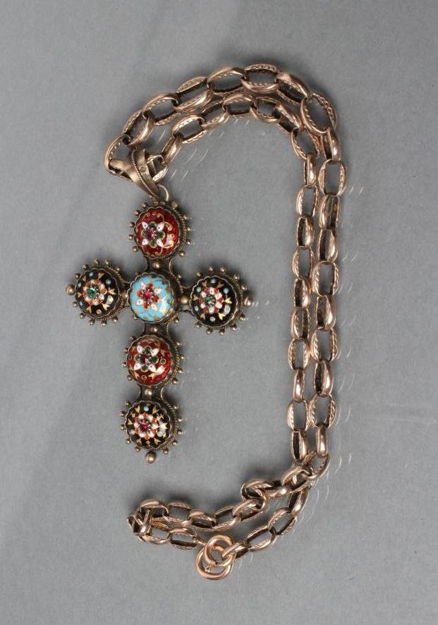 A FRENCH BRESSAN CROSS PENDANT, the six bosses enamelled in opaque colours with "jewelled" beading - Image 2 of 2