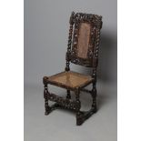 A CHARLES II CARVED WALNUT SIDE CHAIR, 17th century, with caned back and seat, spiral uprights