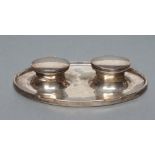 AN ART DECO DESK STANDISH, maker Zimmerman, Birmingham 1938, the two swept inkwells with hinged