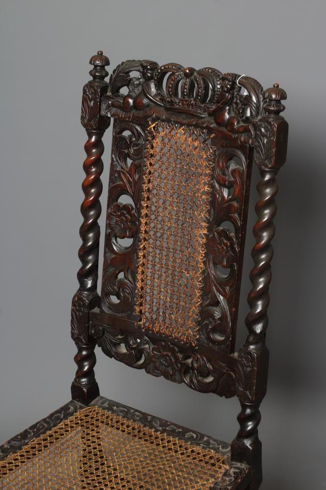 A CHARLES II CARVED WALNUT SIDE CHAIR, 17th century, with caned back and seat, spiral uprights - Image 2 of 4