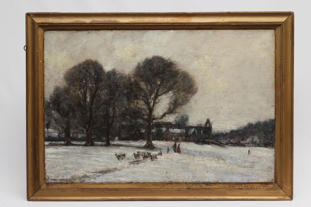 HERBERT F ROYLE (1870-1958), Snowscene Bolton Abbey, oil on canvas, signed, 24" x 36", gilt frame (