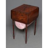 A REGENCY MAHOGANY AND ROSEWOOD BANDED WORK TABLE, the rounded oblong top with bead and reel edging,