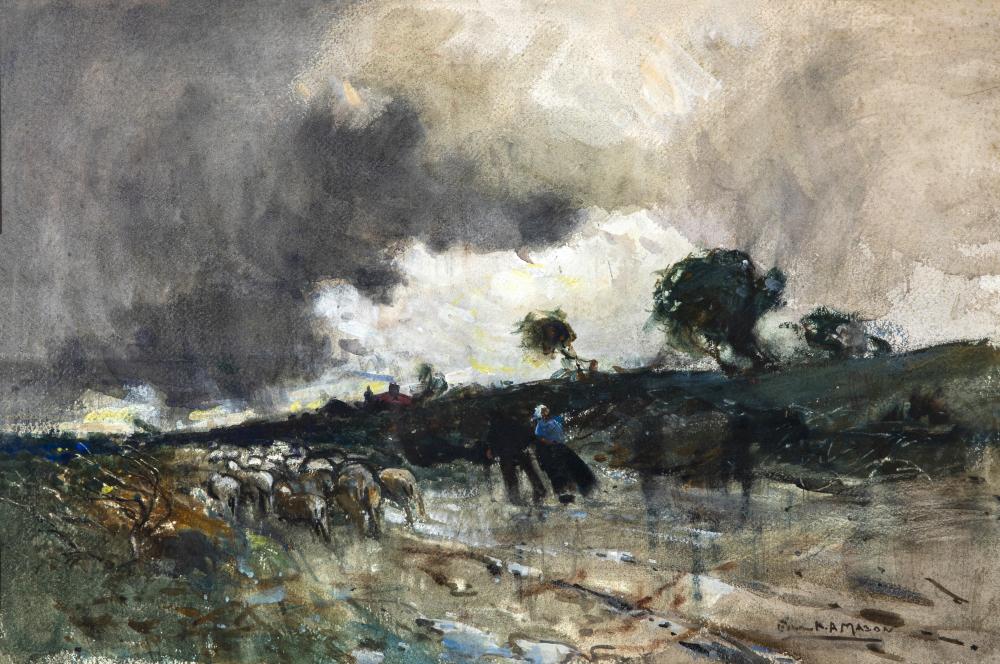 FRANK HENRY MASON R.B.A. (1876-1965), "Impending Storm", watercolour heightened with white,