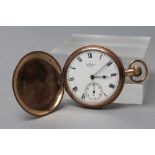 A 9CT GOLD WALTHAM HUNTER TOP WIND POCKET WATCH, the white enamel dial with black Roman numerals