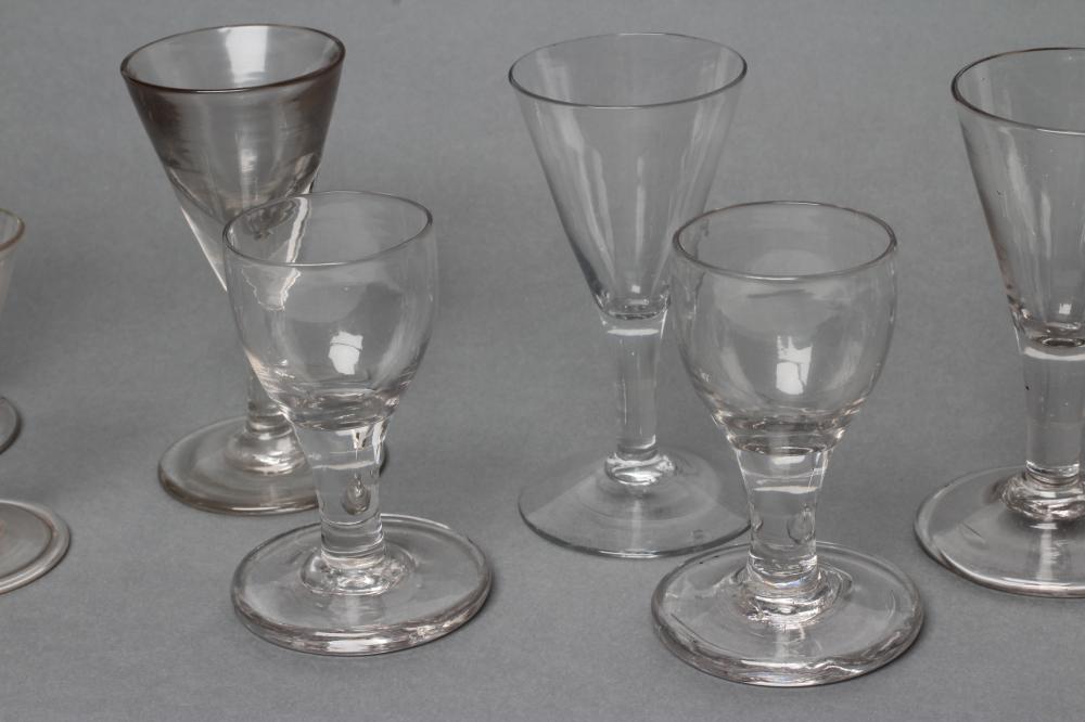 A COLLECTION OF TEN DRAM AND OTHER GLASSES, late 18th century and later, several with a folded foot, - Image 3 of 4