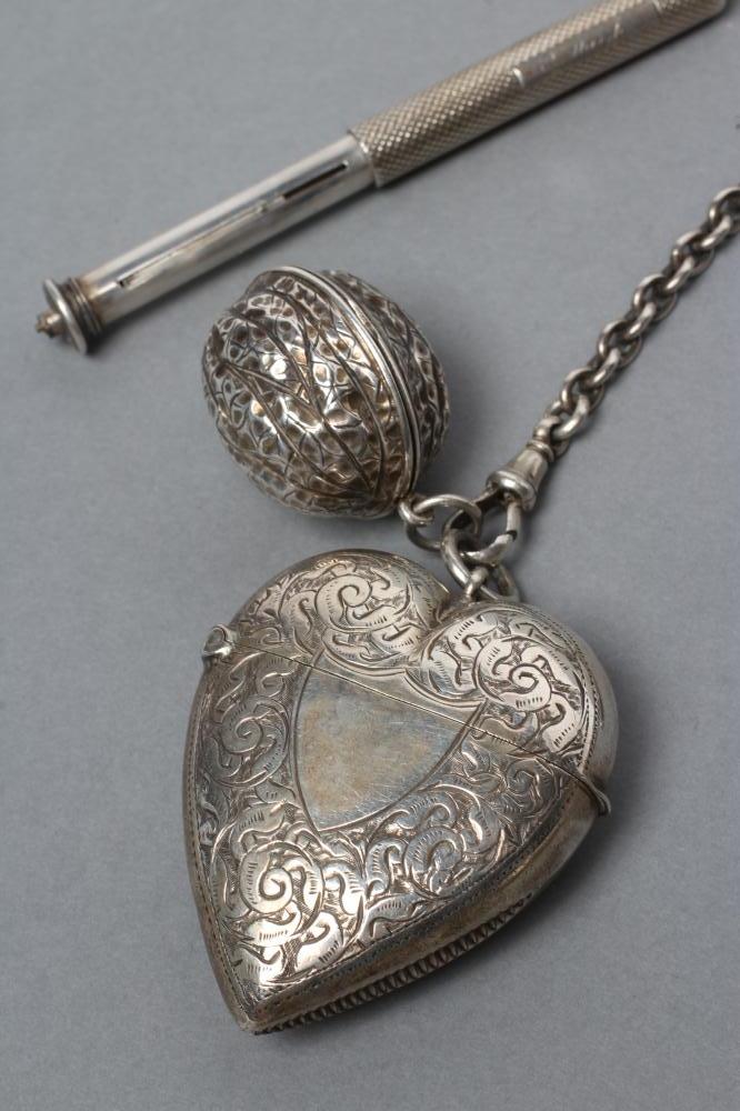 A LATE VICTORIAN SILVER CHATELAINE, maker Saunders & Shepherd, London 1894, the open scroll belt - Image 5 of 7