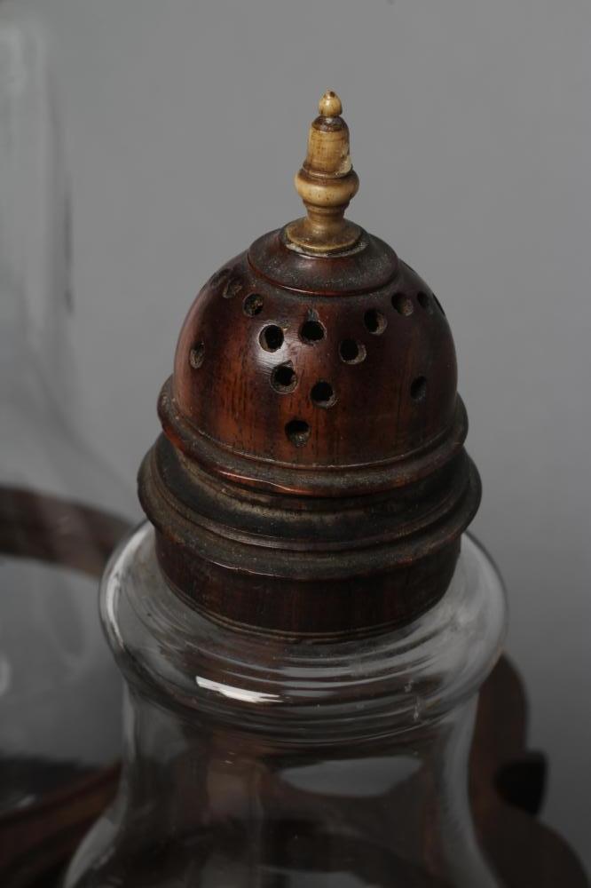 A GEORGIAN HARDWOOD FIVE BOTTLE CRUET AND STAND, late 18th century, the original clear glass - Image 2 of 5