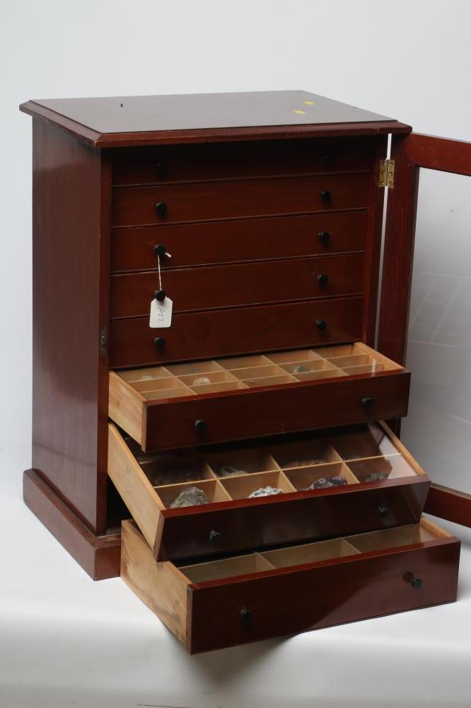 A MAHOGANY SPECIMEN CABINET, the glazed outer door enclosing eight drawers with turned knob handles,