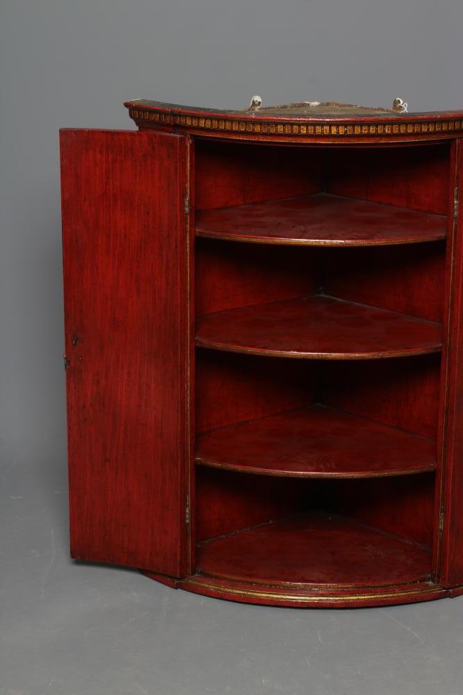 A GEORGIAN RED LACQUERED CORNER CUPBOARD, late 18th century, of quadrant form painted and gilded - Image 3 of 3