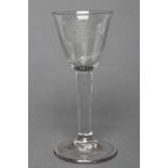 A JACOBITE WINE GLASS, mid 18th century, the round funnel bowl engraved with a rose and bud and a