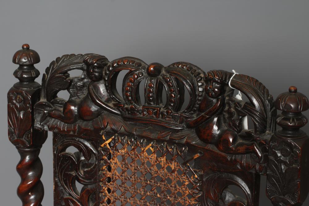 A CHARLES II CARVED WALNUT SIDE CHAIR, 17th century, with caned back and seat, spiral uprights - Image 4 of 4