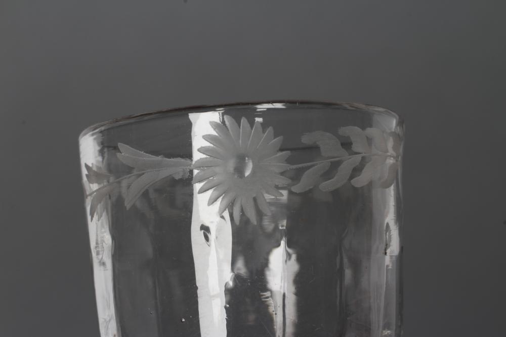 A CORDIAL GLASS, mid 18th century, the vertical mould blown ogee bowl with wheel engraved flowerhead - Image 3 of 5