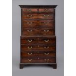 A GEORGIAN MAHOGANY SECRETAIRE CHEST ON CHEST, third quarter of 18th century, the dentil moulded