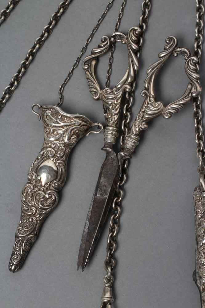 A LATE VICTORIAN SILVER CHATELAINE, maker Saunders & Shepherd, London 1894, the open scroll belt - Image 3 of 7