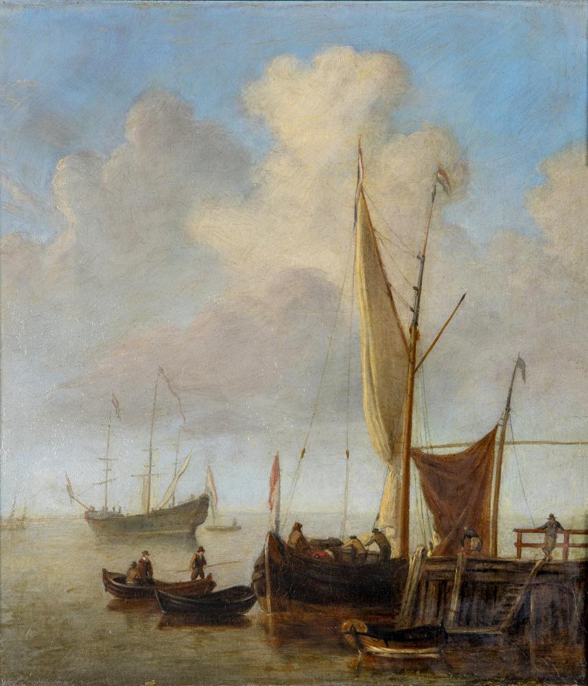 DUTCH SCHOOL (18th/19th Century), Fishing Boat at a Jetty, oil on canvas, indistinctly signed, 14" x