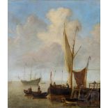 DUTCH SCHOOL (18th/19th Century), Fishing Boat at a Jetty, oil on canvas, indistinctly signed, 14" x