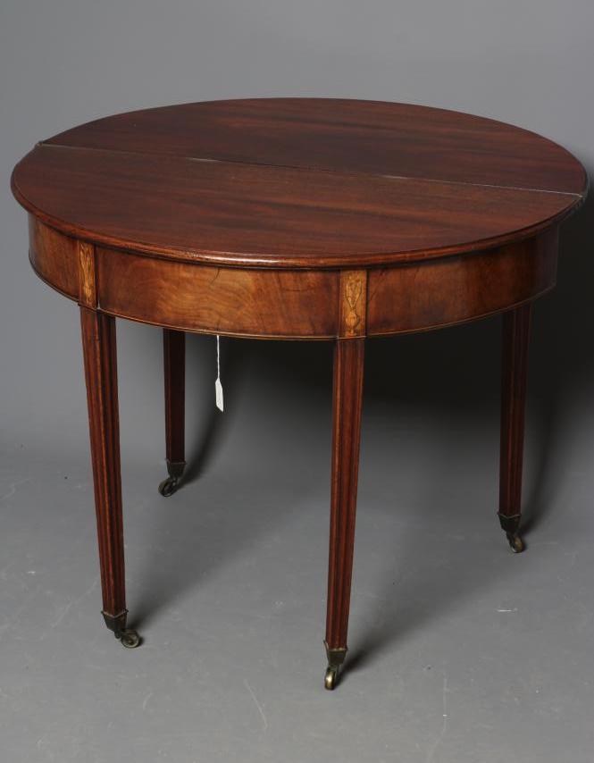 A GEORGIAN MAHOGANY FOLDING TEA TABLE, late 18th century, of demi lune form, the moulded edged and - Image 4 of 4