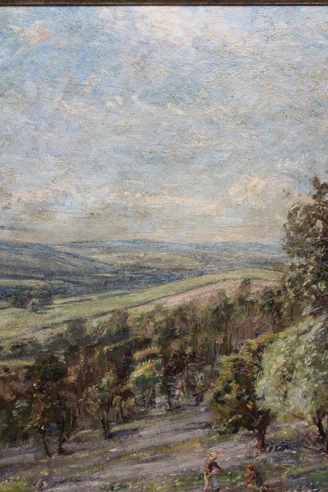 HERBERT F ROYLE (1870-1958), "Nesfield Wood Wharfedale", oil on canvas, signed, inscribed on - Image 4 of 5