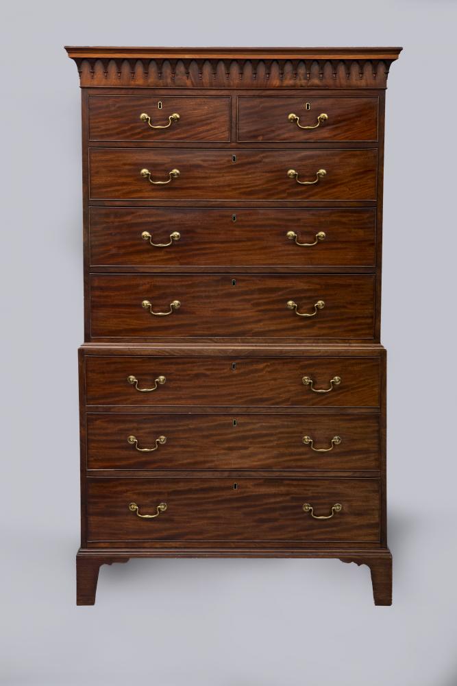 A GEORGIAN MAHOGANY CHEST ON CHEST, late 18th century, the moulded and satinwood banded cornice over