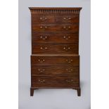 A GEORGIAN MAHOGANY CHEST ON CHEST, late 18th century, the moulded and satinwood banded cornice over