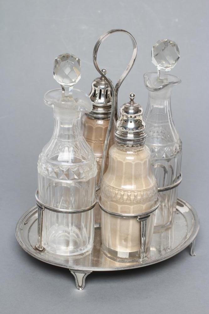 A GEORGE III FOUR BOTTLE CRUET, possibly by Joseph Scammell, London 1794, the plain oval stand