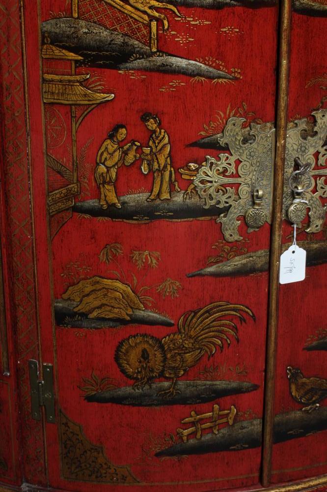 A GEORGIAN RED LACQUERED CORNER CUPBOARD, late 18th century, of quadrant form painted and gilded - Image 2 of 3