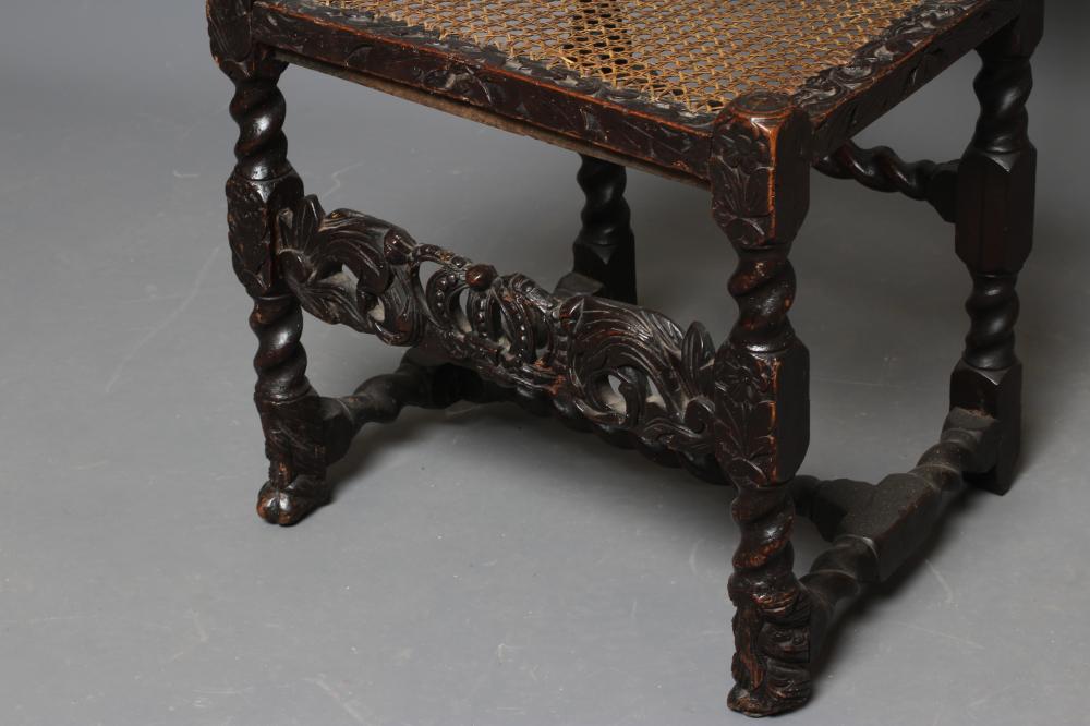 A CHARLES II CARVED WALNUT SIDE CHAIR, 17th century, with caned back and seat, spiral uprights - Image 3 of 4