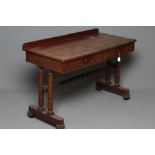 A MAHOGANY SIDE TABLE, first half of the 19th century, the oblong top with ledge back, two frieze