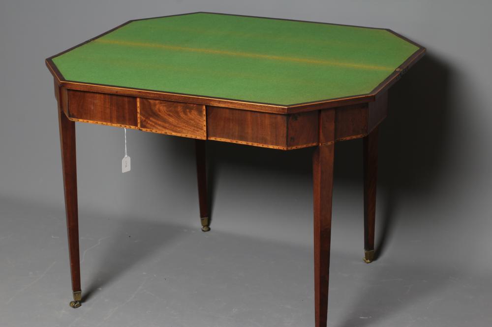 A GEORGIAN MAHOGANY FOLDING CARD TABLE, late 18th century, the canted oblong top with chequer - Image 4 of 4