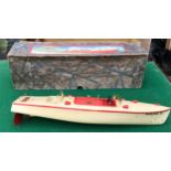 Boxed pre 1940's tinplate Hornby speedboat, named Racer 3.Condition ReportFair with some damage to