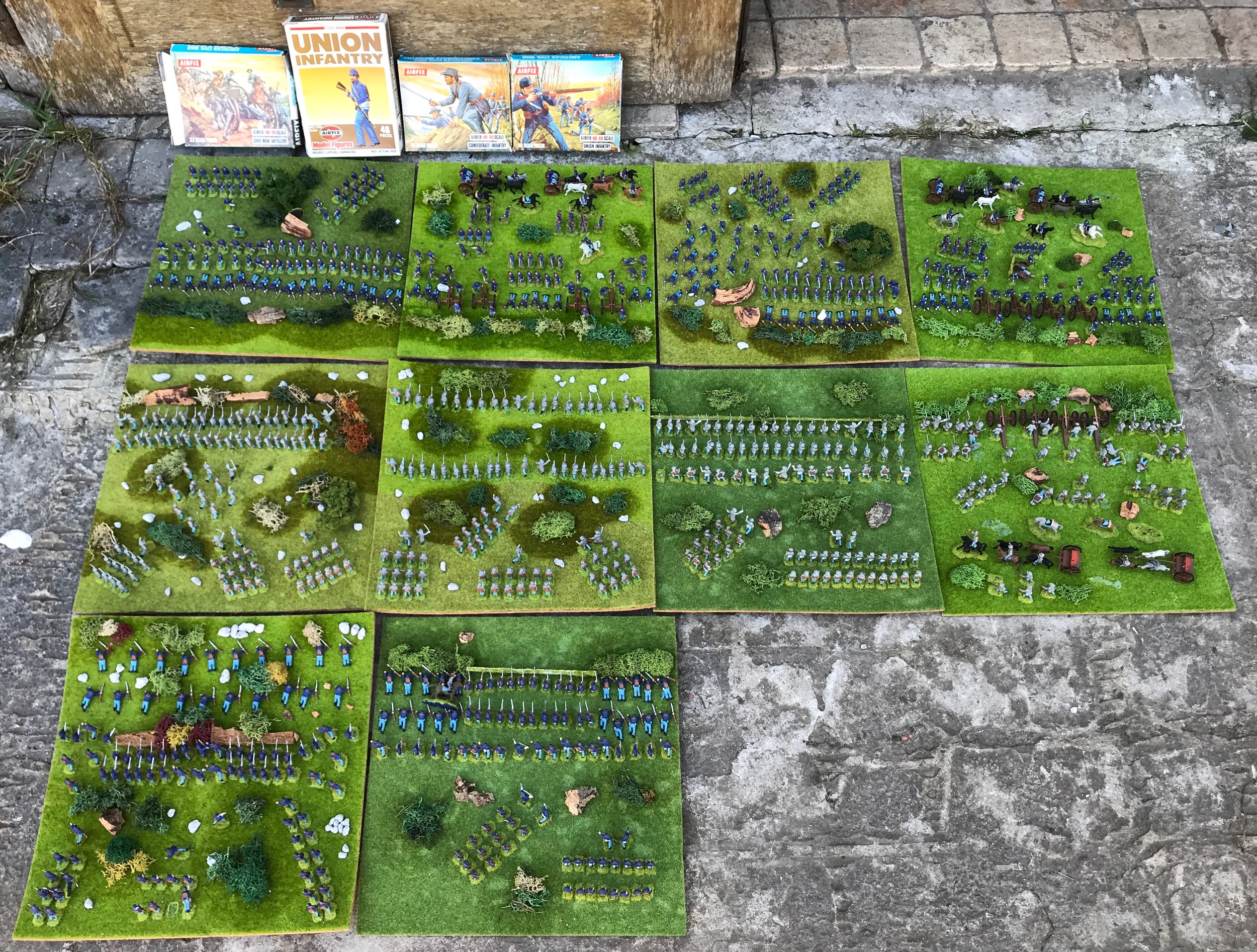 A collection of America Civil War Airfix miniature models displayed on 10 fields, some boxes