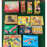 Collection of vintage games/puzzles with 3 novelty items (adult). Includes Disney picture dominos, 2