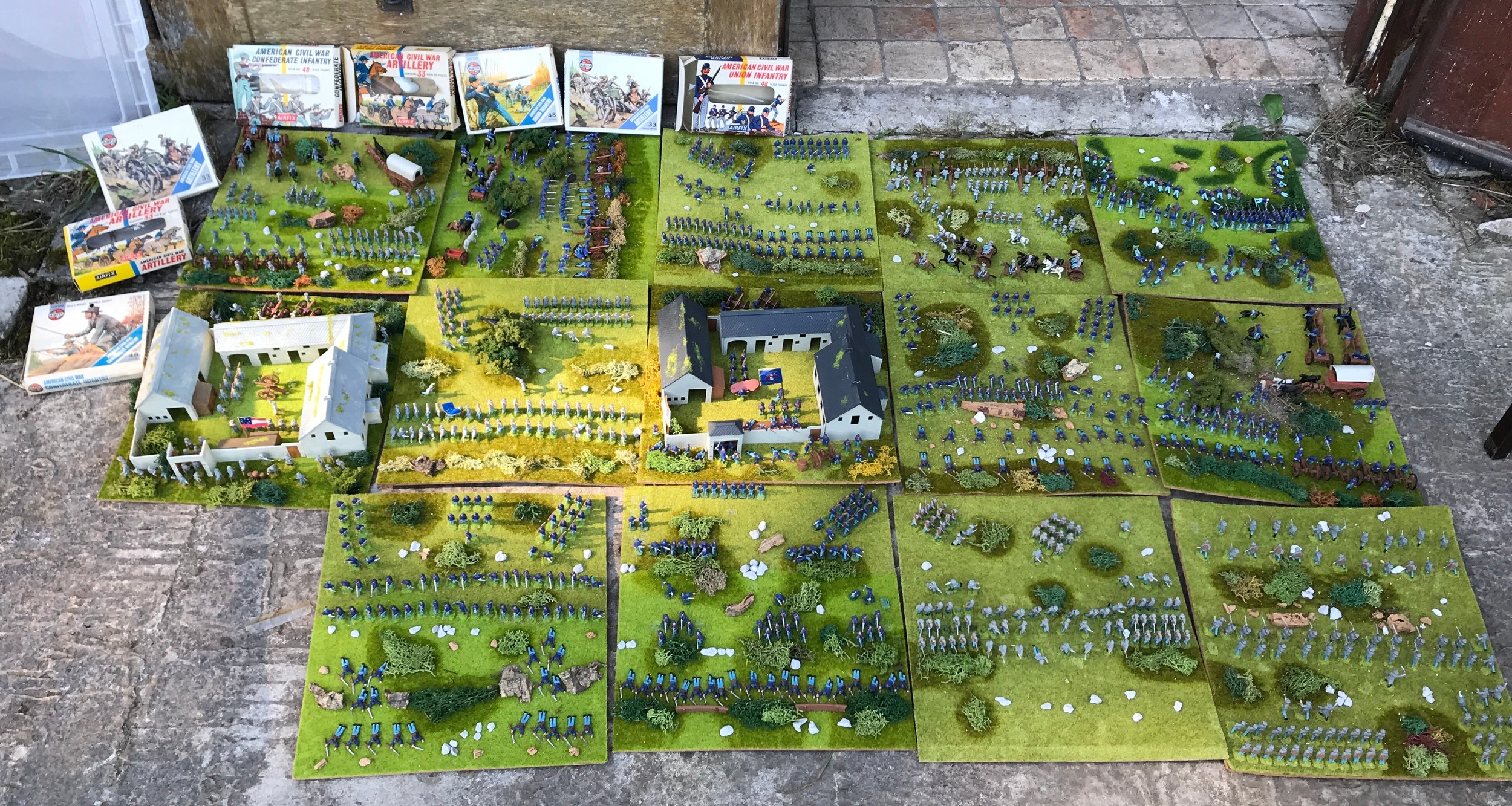 A large collection of American Civil war Airfix models on fields displayed on fields.Condition